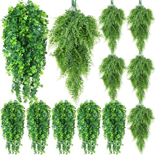Hoteam 12 Pcs Artificial Hanging Plants 32 Inch Fake Ivy Vines with Fake Leaves Patio Artificial Plants Greenery for Living Room Indoor Outdoor Wall, No Basket (Eucalyptus,Persian Grass) - color: Eucalyptus,persian Grass