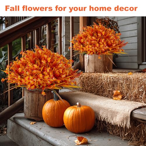 AXYLEX Artificial Fall Flowers Outdoor Fake Mums - 16 Bundles Fake Plants UV Resistant No Fade Faux Plastic Greenery Garden Porch Patio Fall Home Decor (1, OrangeYellow) - color: Orangeyellow