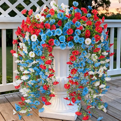 Artificial Hanging Petunias Flowers for Outdoor, 8pcs Fake Plants Long Vine Morning Glory Eucalyptus, UV Resistant Realistic Faux Greenery Outside Patio Porch Garden Spring Decor, Red Blue White - color: Red Blue White