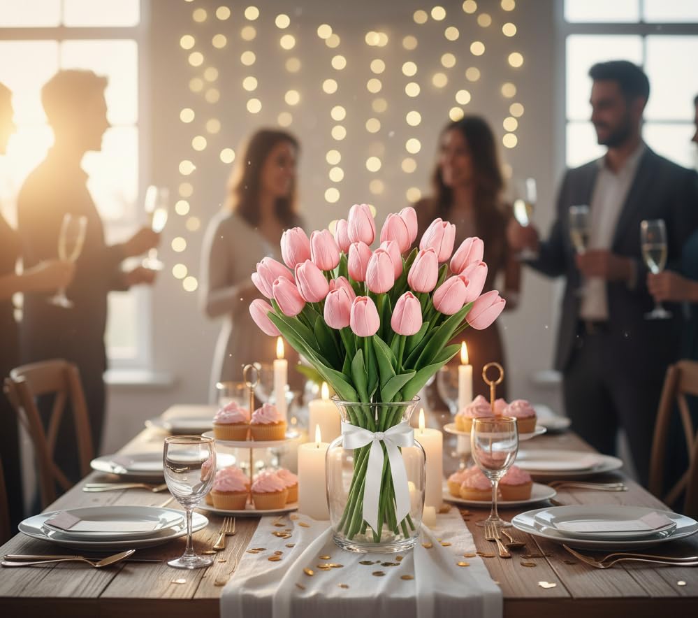 Pink Artificial Tulips Real Touch Fake Flowers, 20 Pcs PU Faux Tulips 13.5", Realistic Tulip Bouquet for Wedding Centerpiece Spring Home Kitchen Dining Table Vase Decoration Easter Floral - color: Light Pink