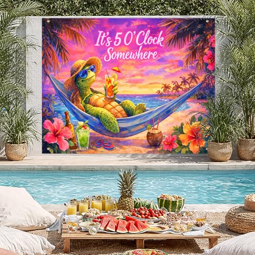 BlissYard Summer Backdrop 8x6ft Tropical Turtle Hammock Beach Party Background Cloth for Photography, Sunset Island Luau Banner Photo Booth Scene with Hibiscus Flowers Ocean Cocktail Decor - color: Tropical Turtle#2