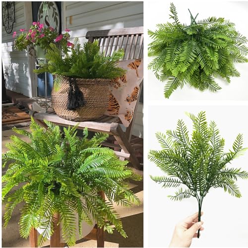 Fake Boston Fern Plants Artificial Ferns Plastic Bushes Green Plant Decor Faux Shrubs UV Resistant Greenery for Outdoor Garden Indoor Home Pot Planter Filler Wedding DIY Decoration 4 Bundles - color: Boston Ferns/ 4 Pack