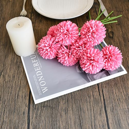 Mandy's 12pcs Artificial Hot Pink Chrysanthemum | 11.8 inch Artificial Mums Flowers for Home Table Centerpiece Summer Decor Silk Flowers for Porch Patio and Wedding - color: Hot Pink