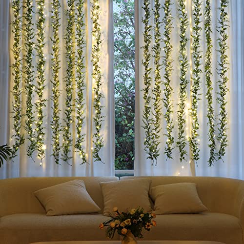 Dolicer 2 Packs Eucalyptus Garland with LED Lights String, 12Ft Faux Eucalyptus Greenery Garland, Artificial Hanging Green Eucalyptus Leaves Vine Wedding Backdrop Arch Wall Table Decor (Grey Green) - color: Grey Green With Light, size: 2 Packs