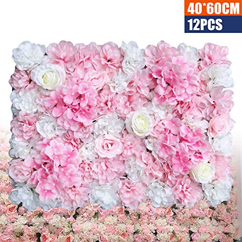 Artificial Silk Flower Wall, 12pcs Dark Pink and White, Wedding & Candy Wall, 23.62 x 15.74in - color: Dark Pink and White