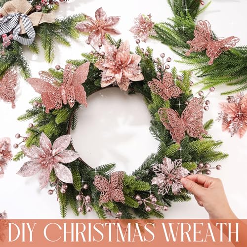 Thiccywoov 122 Pcs Christmas Glitter Poinsettia Artificial Flowers Berry Picks Butterfly Christmas Tree Ornaments 3 Styles Poinsettia kit with Clip for Xmas Wreath Home Tree Decor(Rose Gold) - color: Rose Gold