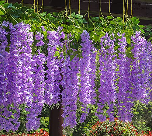 HUAHUA Artificial Wisteria Flowers, White Dense Artificial Fake Wisteria Vine Ratta Hanging Garland Silk Flowers String for Home Party Wedding Decor (24pcs Purple) - color: 24pcs Purple