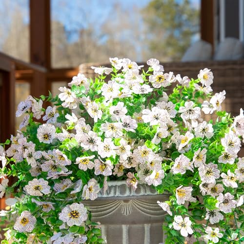 HyeFlora Artificial Flowers for Outdoors Fake Hanging Decoration, 2Pcs White Spring Summer Decor, Realistic Plants, UV & Fading Resistant Silk Flower for Porch Patio Balcony Planter Yard Home Garden - color: White