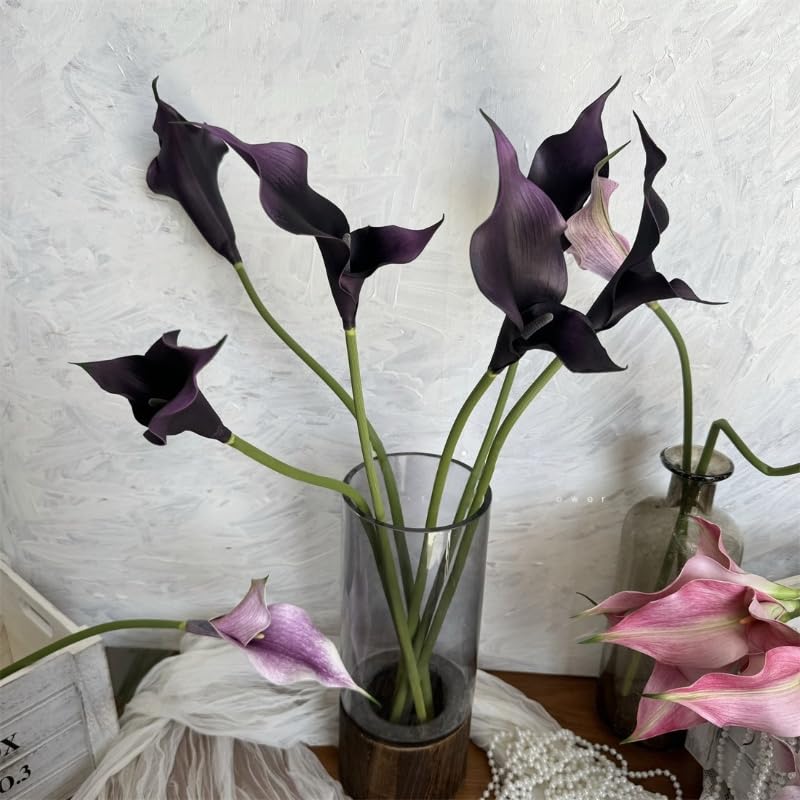 6 Pieces Calla Lily Artificial Flowers,Real Touch Latex Flowers,Long Stem Artificial Flowers for DIY Wedding Bouquet Party Home Table Centerpieces Decor (Dark Purple) - color: Dark Purple
