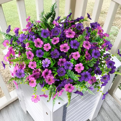 Artificial Flowers for Outdoors, 12 Bundles Multicolor Silk Fake Flower with Ferns for Spring Summer Decoration, UV Resistant Artificial Outdoor Faux Plants for Home Planter Porch Patio Yard Decor - color: Light/Deep Purple and Fern