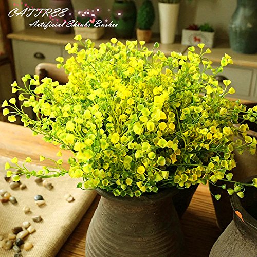 CATTREE Artificial Shrubs Bushes, Plastic Fake Plants Wedding Indoor Outdoor Home Garden Verandah Kitchen Office Table Centerpieces Arrangements Christmas Decoration Yellow 4 pcs - color: Bell Leaves-yellow-4 Pcs