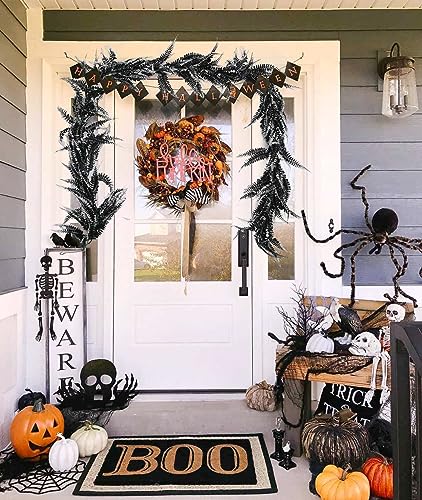 RECUTMS 2pcs Black Garland Artificial Boston Palnts 6 FT Fern Garland Faux Hanging Greenery Halloween Wreath for Outdoor Indoor Halloween Decor (Black White) - color: Black White-fern2pcs