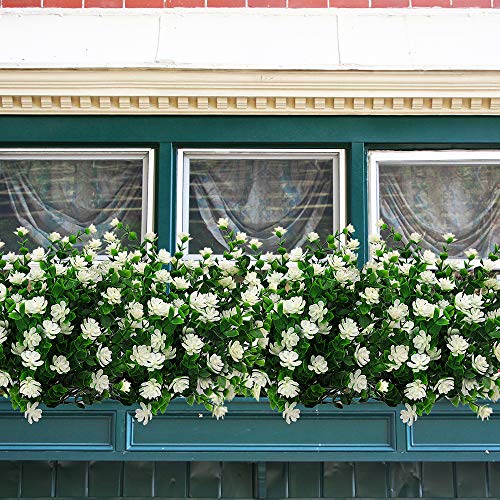 Grunyia 10 Bundles Artificial Fake Flowers, Faux Outdoor Plastic Plants UV Resistant Shrubs Outside Indoor Decorations (White-Eucalyptus) - color: White-eucalyptus