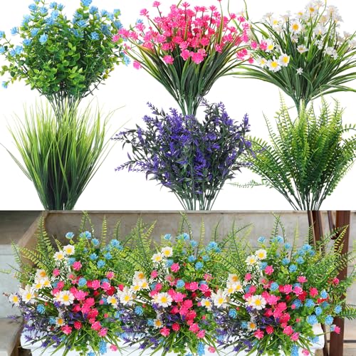 Cindeer 24 Bundles Artificial Flowers Planters Bulk for Outdoors, UV Resistant Artificial Fake Greenery Plastic Faux Flowers Plant Outdoor Indoor Spring Summer for Decors Wedding(Vibrant Color) - color: Vibrant Color