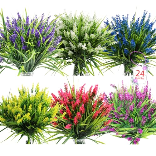 Artificial Flowers for Outdoors, 24 Bundles 6 Colors Fake Lavender Flowers Monkey Grass, Faux Plants Shrubs, UV Resistant Artificial Plants for Outdoor Garden, Window Box, Patio, Wedding Decorations