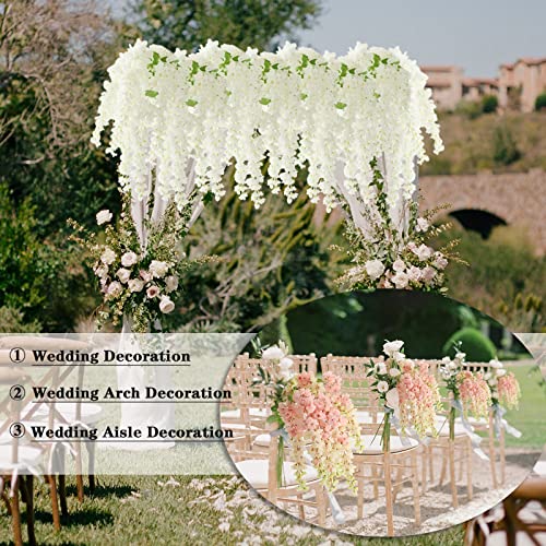Dailisen 3 Strands 40'' Silk White Wisteria Artificial Flowers, Fake Wisteria Floral Hanging Plant Garland, for Home Decor, Party, Floor Vase, Balcony, Wedding Arrangement Decoration (White) - color: White
