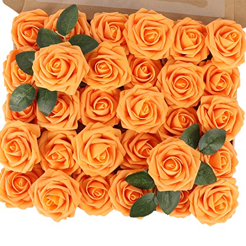 MACTING Artificial Rose Flowers 30PCS Real Touch Fake Flowers with Stem Faux Foam Roses for DIY Wedding Bouquet Table Centerpieces Party Bridal Shower Home Thanksgiving Fall Decorations,Orange - color: Orange-1, size: 30PCS