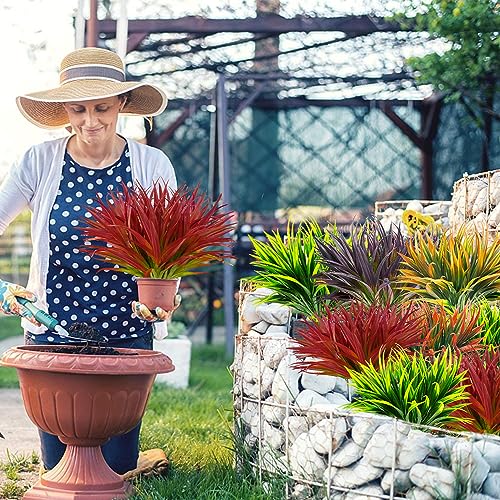 12 Pcs Outdoor Fake Plants UV Resistant Artificial Tall Grass Plants Faux Tropical Flowers Bushes Fall Winter Summer Planters Yard Patio Front Porch Décor Plastic Greenery Shrubs Decoration - color: Rose Red Grass Plant, size: 12 Pcs
