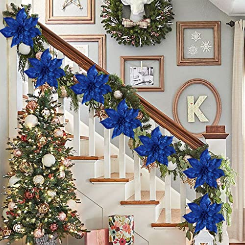 Briful 9'' Christmas Poinsettia Flowers 8PCS Blue Glitter Artificial Flowers Large Christmas Ornament Flowers for Xmas Tree Wreath Garland Decoration - color: Blue