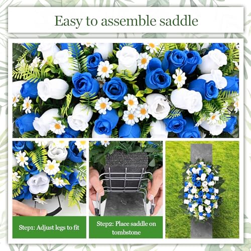 Dolicer Artificial Cemetery Flowers for Grave, Headstone Flower Saddle Look Real Grave Memorial Flowers for Cemetery UV Resistant Rose Flowers for Headstones Cemetery Grave Decorations (Blue, White) - color: Blue, White, size: Headstone Saddle