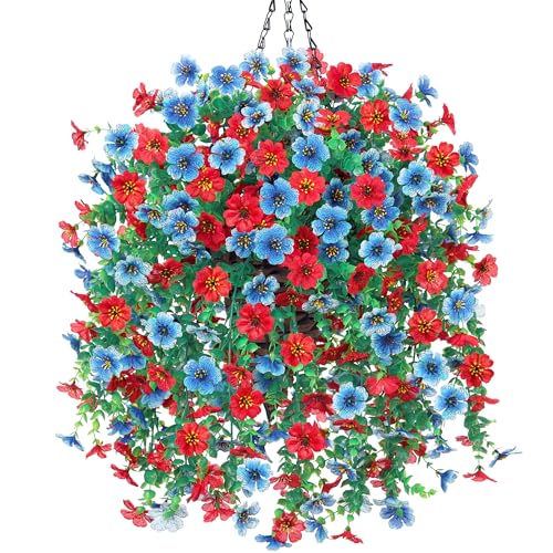 HyeFlora Artificial Hanging Flowers Basket for Outdoor, Fake Flowers Faux Plants Look Real for Yard Gardens Porch Patio Home (Blue+Red) - color: Blue+red