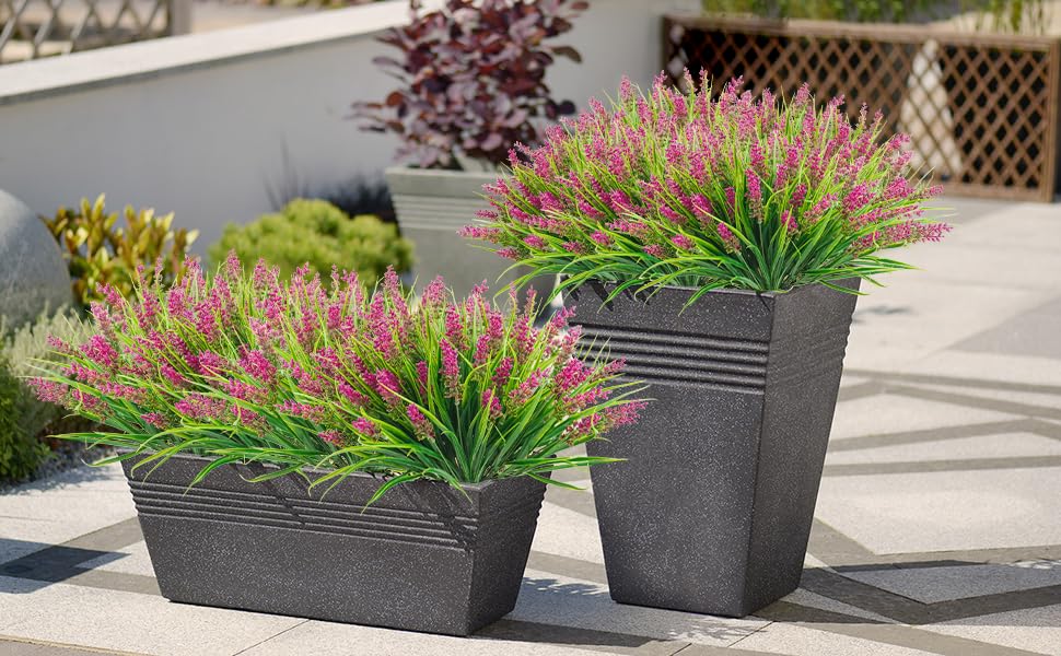 obbsie 12 Bundles Artificial Plants Outdoor, 18.2" UV Resistant Faux Monkey Grass Greenery Stems No Fade Faux Plastic Flowers Shrubs for Home Weddings Garden Porch Front Patio Office Decor - Rose Red - color: Fushia, size: 12 Pcs