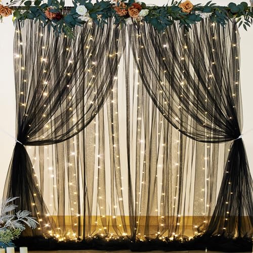 Black Sheer Backdrop Curtains with Lights String for Parties Birthday 10ft × 8ft Black Tulle Backdrop Curtain for Baby Shower Wedding Graduation Halloween Party Photo Shoot Decorations - color: Black, size: 10 ft X 8 ft(2 Panels 5ft X 8ft)