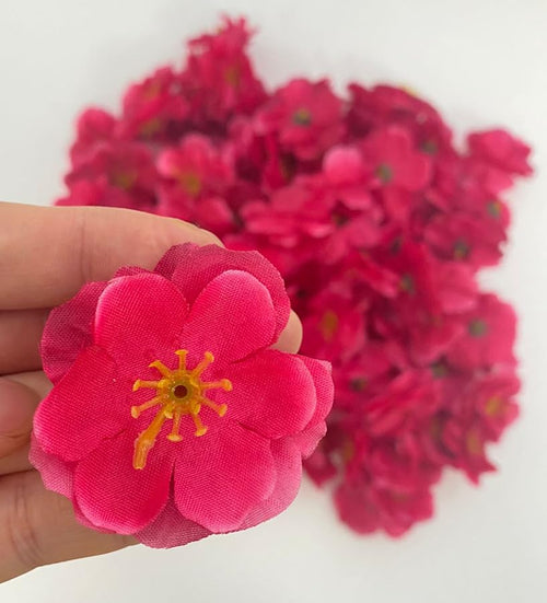 100 Artificial Silk Cherry Blossom Flower Heads Spring Fake Plum Blossom Peach Blossom, Vase Fillers, Corsages for Wedding Decor, Nursery Wall, Archway Wreath Garland Cake Ornaments, 5cm (Rose Red) - color: Rose Red
