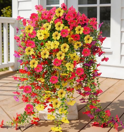 AGIRL 6 Bundles Artificial Hanging Flowers for Outdoor Spring Summer Decor,UV Resistant Faux Silk Flowers,Fake Plants with Realistic Look for Outside Indoor Planter Garden,Patio,Balcony,Porch and Yard - color: Red+yellow+fuchsia+purple