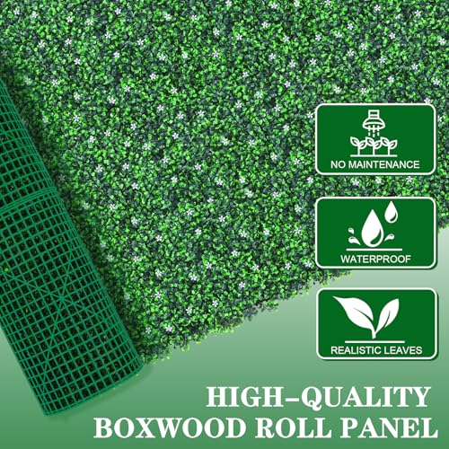 Grooy 60"x 120"(50 sq.ft) Artificial Boxwood Roll Panels with Flowers, UV-Anti Faux Ivy Leaves Privacy Fence Screen, Grass Wall Roll Panels for Indoor Home Decor and Outdoor Garden Backyard - size: 60x120 in 1 piece