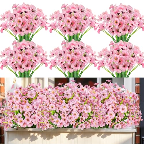 Nepfaivy Artificial Flowers Outdoor Pink - 24 Bundles UV-Resistant Fake Flowers for Outside with Realistic Plastic Plants, Real Looking No Fade Faux Silk Flowers for Planters, Porch,Garden Decoration - color: Pink