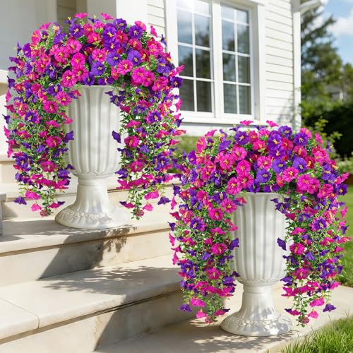 4PCS Artificial Hanging Flowers for Outdoors, 600 Blooms UV Resistant Morning Glory Vine Fake Flowers with Eucalyptus, Realistic Silk Faux Hanging Plants Decorations for Outside (Purple and Lotus) - color: Purple and Lotus, size: 4PCS