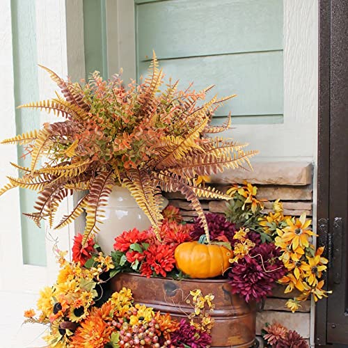 Uieke 6PCS Artificial Fall Flowers Outdoor UV Resistant, 3PCS Fall Fake Plants with 3PCS Autumn Boston Fern Plants Bushes for Outside Garden Front Porch Sidewalk Window Box Fall Décor Orange - color: Orange