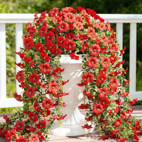 Artificial Hanging Flowers for Outdoors, 6 PCS Silk Morning Glory Artificial Flowers with Eucalyptus Leaves, UV Resistant Fake Flower Realistic Faux Plants for Home Patio Porch, Petunias+Red - color: Petunias-red