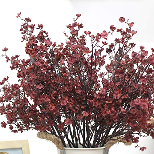 JAKY-Global Babys Breath Silk Burgundy Artificial Flowers 12 Bundle Fake Plants Farmhouse Decor Fall Stems Decoration Bouquets for DIY Home Garden (Burgundy Than Red) - color: Burgundy Than Red, size: 12 Bundles