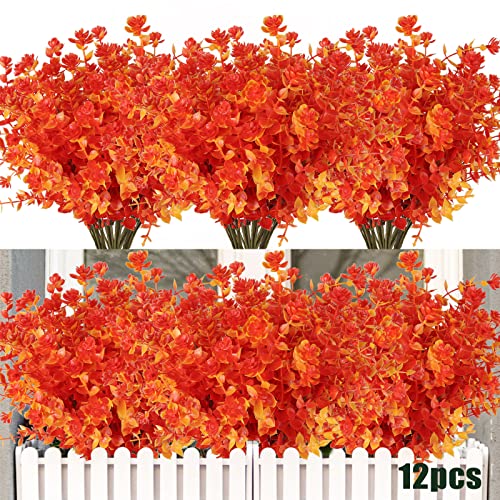 RECUTMS 12 Bundles Outdoor Artificial Flowers UV Resistant Fake Boxwood Plants, Faux Greenery for Indoor Outside Hanging Plants Garden Porch Window Box Home Wedding Farmhouse Décor(Golden) - color: Golden, size: 12 Pcs