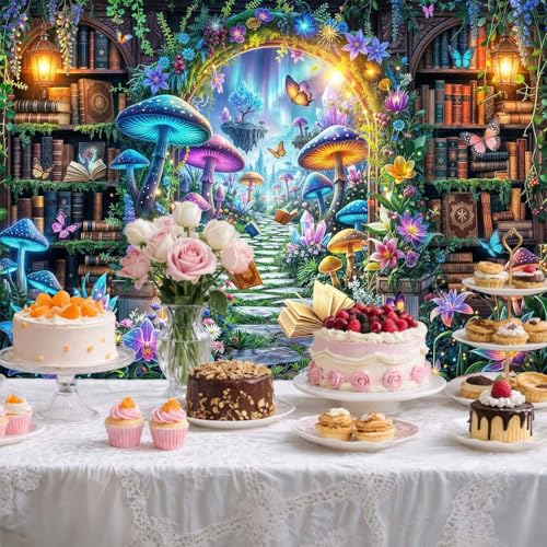6X4ft Fantasy Library Garden Backdrop Enchanted Archway Glowing Mushrooms Flowers and Floating Books Magical Fairy Forest Photography Background for Birthday Party Photo Booth Studio Decor - color: Multi11, size: 6X4FT