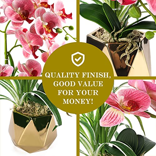 Orchids Artificial Flowers, Pink with Gold Vase | Fake Orchid Plants, Faux Orchid in Pot, Home Decor Indoor - color: Pink-gold