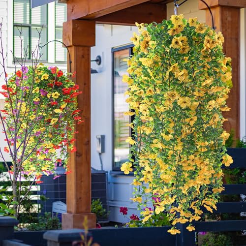 6 Pcs Fall Artificial Hanging Flowers Outdoor Faux Silk Mum Plant Decor Violet with Eucalyptus Realistic UV Resistant Trailing Vine Fall Porch Yard(Classic Color,Violet) - color: Classic Color, style: Violet