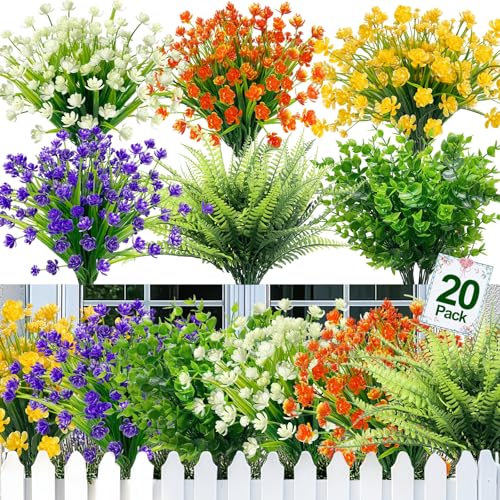 20 Bundles Artificial Flowers for Outdoors,Summer Spring Grass Camellia Fake Flowers Fern Plants Eucalyptus UV Resistant No Fade Greenery for Garden Porch Indoor Home Cemetery Fall Decor(Mix 6 Styles) - color: Mix 6 Styles, size: 20 Bundles