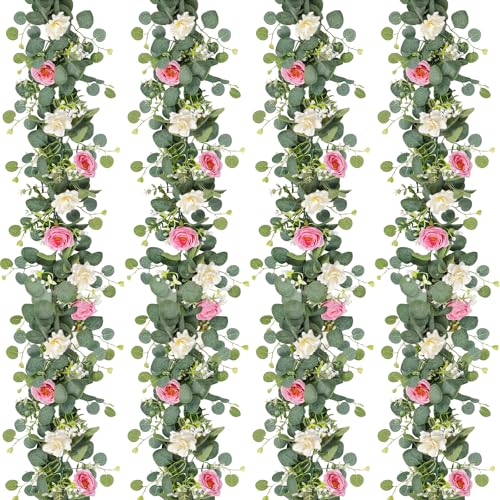 TOCHGREEN 4 Pack Artificial Eucalyptus Flower Garland with White Pink Roses, Fake Rose Flower Greenery Garland Floral Vines for Wedding Home Party Table Runner Decor (White Pink, 4PCS) - color: White Pink, size: 4PCS