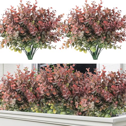 RECUTMS 8 Bundles Artificial Greenery Plants Stems Fake Eucalyptus Plants Boxwood Bushes for Summer Farmhouse Bathroom Vase Centerpiece Indoor Outdoor Graduation Wedding Party Decoration(Dusty Red) - color: Dusty Red, size: 8 Pcs