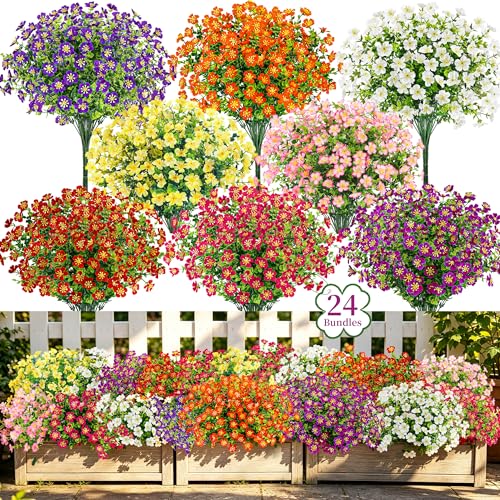 Der Rose 24 Bundles Fake Flowers Artificial Flowers Bulk Daisy for Outdoor Spring Garden Porch Farmhouse Decor - color: 8 Colors Mix
