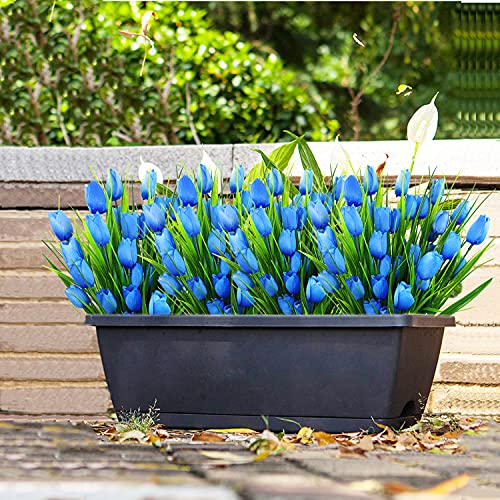 8 Bundles Outdoor Artificial Tulips Fake Flowers UV Resistant Faux Plastic Greenery Shrubs Plants for Home Outside Garden Porch Window Farmhouse Decor (Blue) - color: Blue