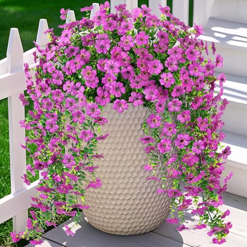Ammyoo Artificial Hanging Flowers for Outdoors Fake Plants Decoration, 2 Packs Faux Silk Daisy Flower Realistic Outdoor Flowers UV Resistant Porch Patio Window Yard Indoor Spring Decor(Purple) - color: Purple