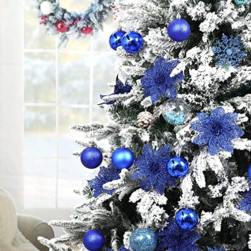 Wironlst 24 Pieces Glitter Poinsettia Flowers Christmas Tree Ornaments, Glitzy Poinsettia Bushes Christmas Decorations for Xmas/Holiday/Seasonal/Wedding (Blue) - color: Blue 1