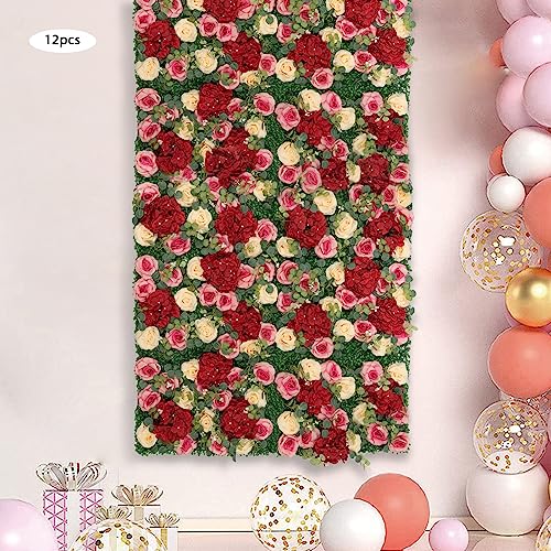 12 Pcs Artificial Flower Wall Panels Silk Dahlia Rose 3D Faux Flower Backdrop Panels Background Decorative for Wedding Celebrations Festive Party Home, 23.62 * 15.74in (Red-1) - color: Red-1