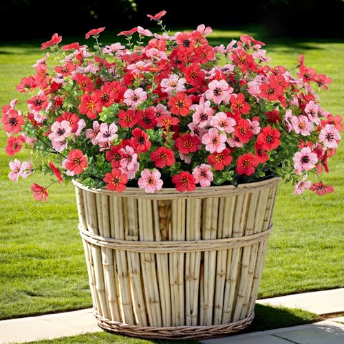 Artificial Fake Mums Flowers for Outdoor Spring Summer Decor, 12 Bundles Faux Silk Plants Daisy for Planter Pot Colorful UV Resistant Look Real for Front Door Porch Patio Outside Yard(Red Pink) - color: Red Pink