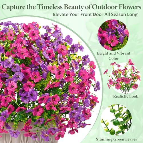 Yastouay 12 Bundles Artificial Flowers for Outdoors, UV Resistant Artificial Outdoor Flowers No Fade Fake Outdoor Flowers Plants for Garden Porch Window Box Pot Planters Decor (Fuchsia+Rose Red) - color: Fuchsia+rose Red, size: 12 Bundles
