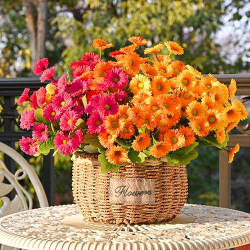 Waipfaru Artificial Flowers for Outdoors Faux Plants, UV Resistant Artificial Outdoor Flowers, Silk Daisy Realistic Fake Mums Flower for Front Porch Spring Home Planter Patio Decor, 12 Bundles, Mix - color: Yellow, Orange, Rose Red, size: 12 PCS